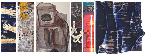 A collage of various textiles and fabrics, including patterned fabrics, mesh material, decorative elements, and shiny fabric with blue streaks.