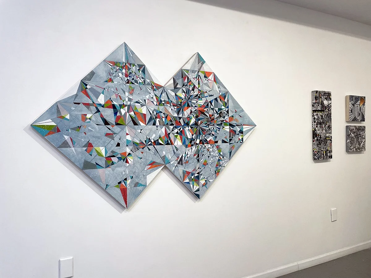 Sandra Kelch, Vertex, 2024, acrylic paint, collage, drawing, 75”w x 50”h x 1.5” with other work by Sandra Kelch         