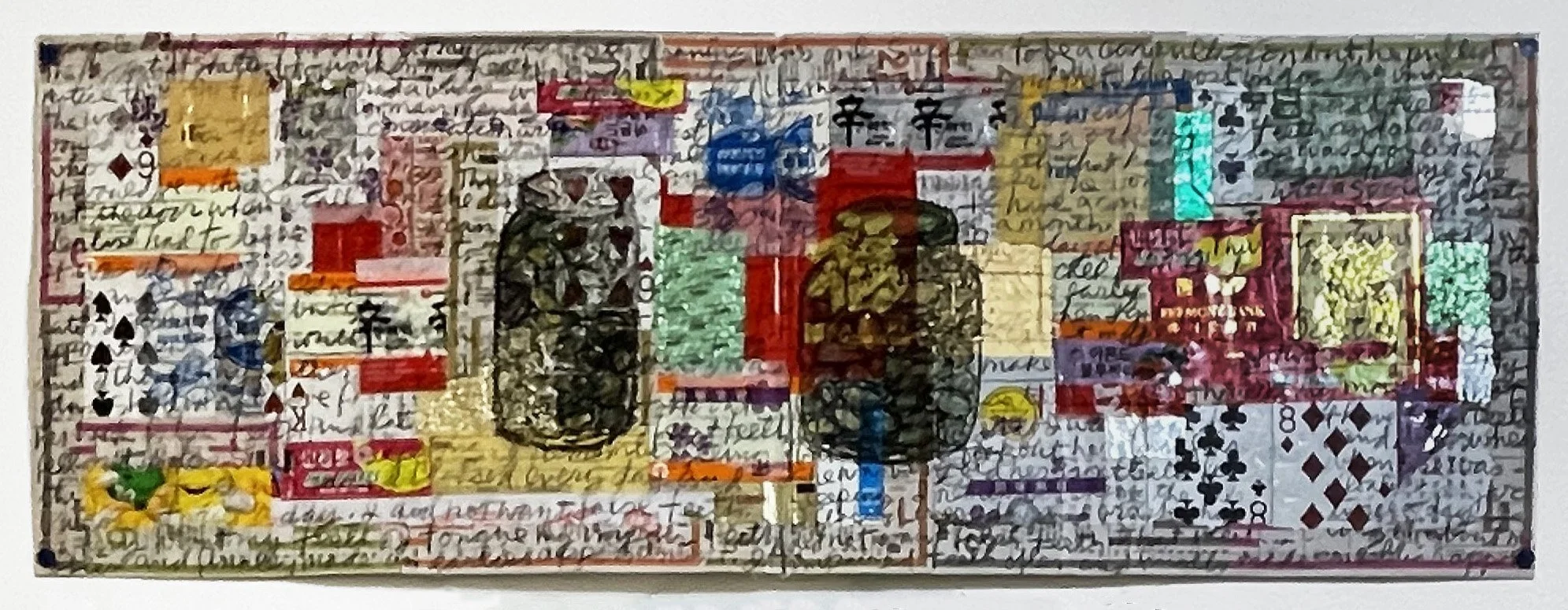 Stan Chan collage, Pickle Jars, mixed media, 11 x 30 inches