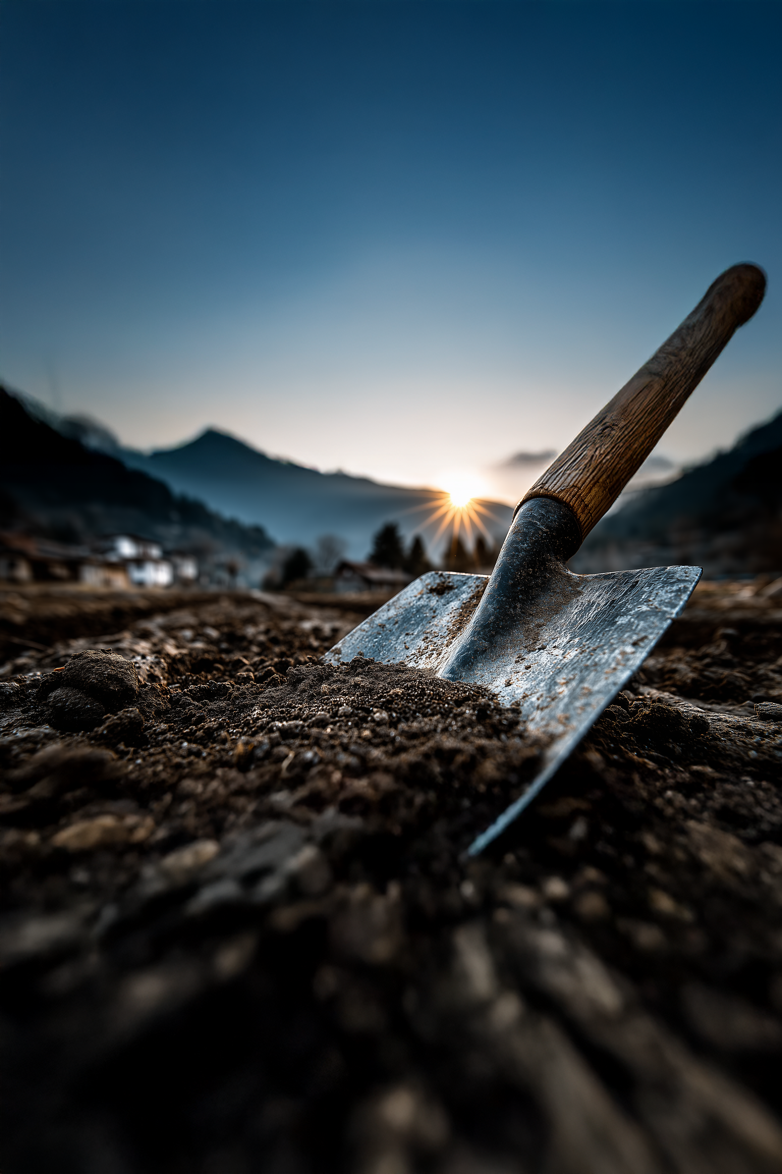 Close-up shovel head in soil with sunrise over mountain ridge