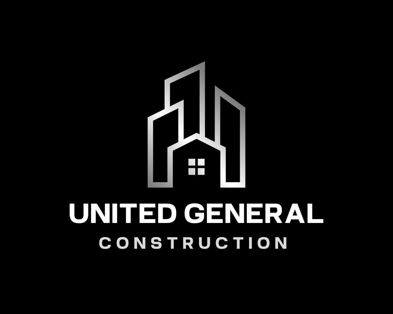 Logo of United General Construction featuring a metallic outline of high-rise buildings and a small house on a black background with the company name below.