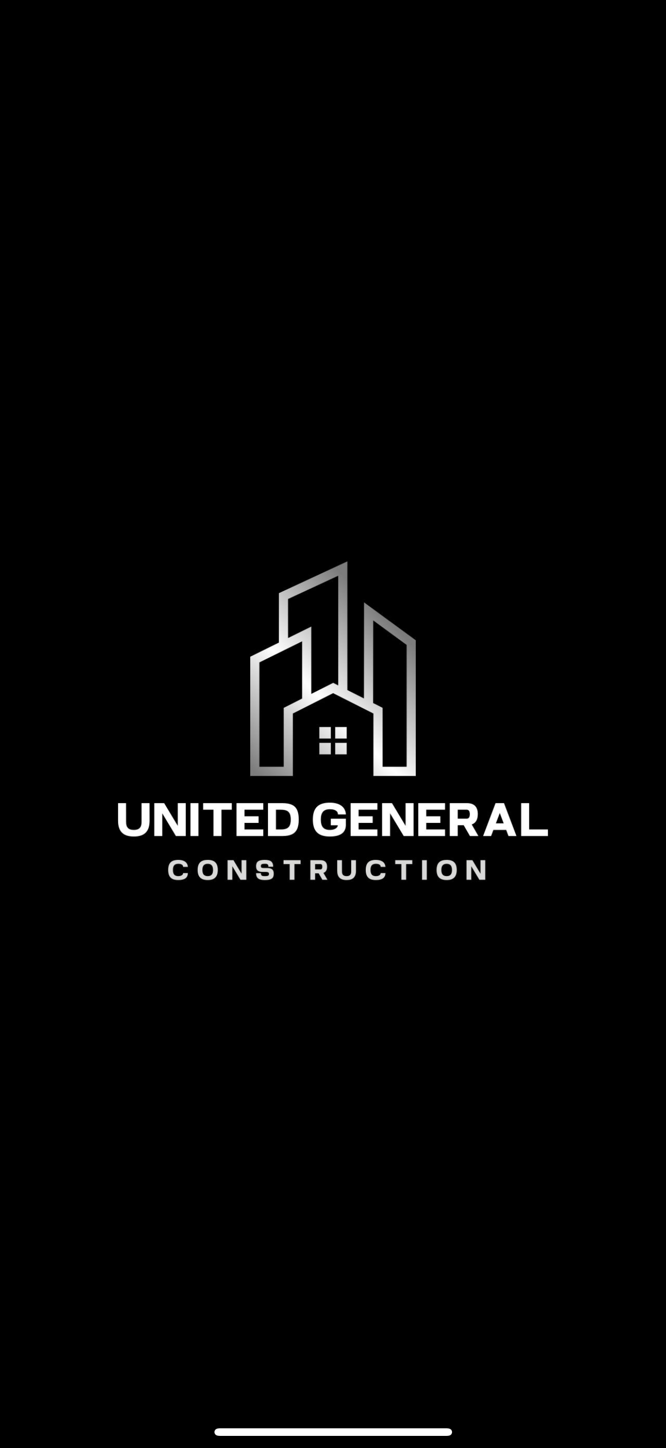 Logo for United General Construction with stylized building graphic and company name in white on black background.
