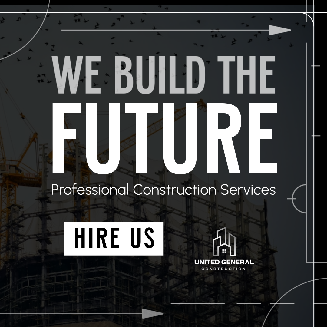 A construction site with cranes and scaffolding, overlaid with text that says, 'We Build the Future,' 'Professional Construction Services,' and 'Hire Us.'