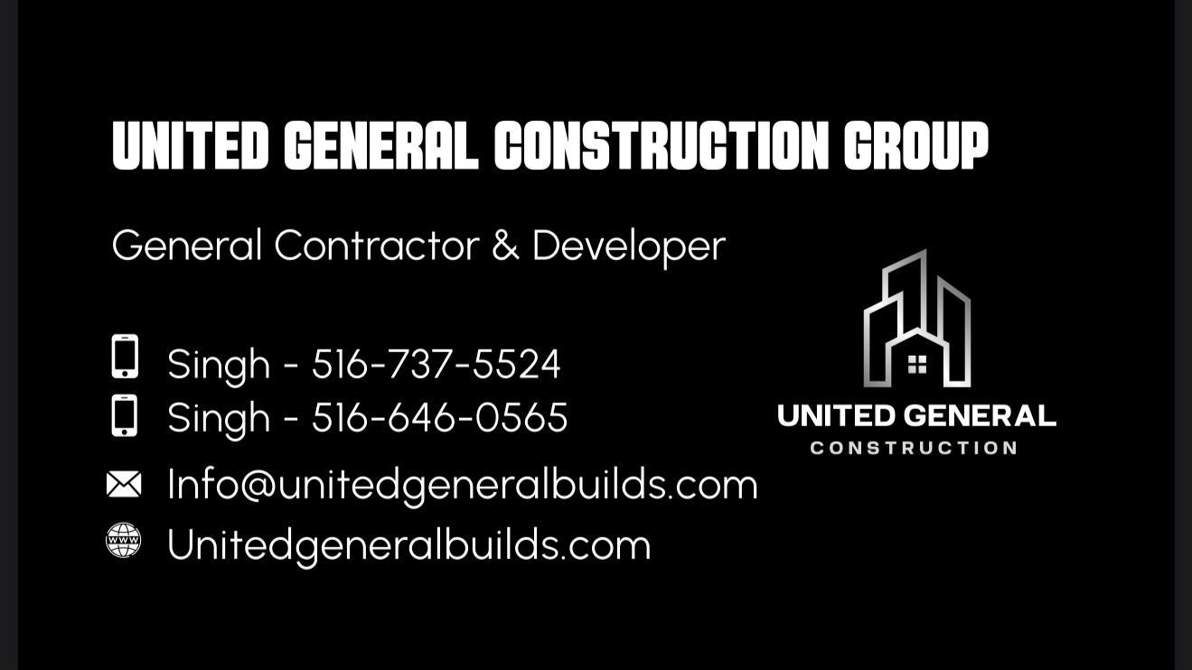 Business card for United General Construction Group, a general contractor and developer. The card includes contact information: two phone numbers, an email, and a website. The logo features a stylized building with the company's name below.