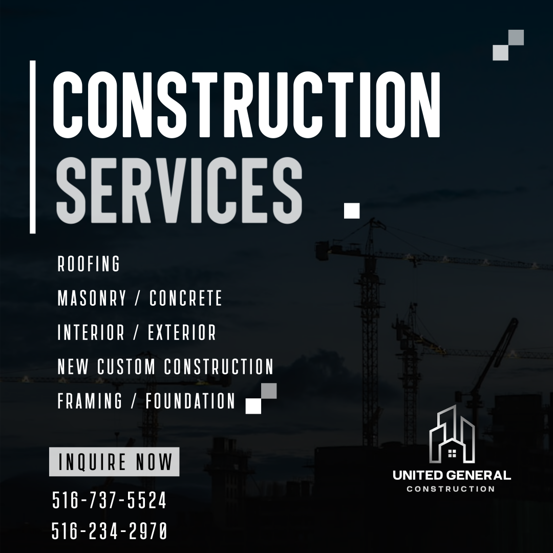 Construction service advertisement with dark background, cranes, and text listing services like roofing, masonry, concrete, interior and exterior construction, and framing, with contact information and logo.