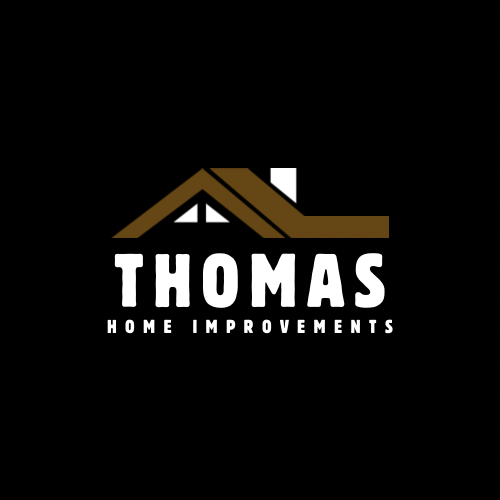 Logo for Thomas Home Improvements featuring a stylized brown roof with a white chimney above the company name.