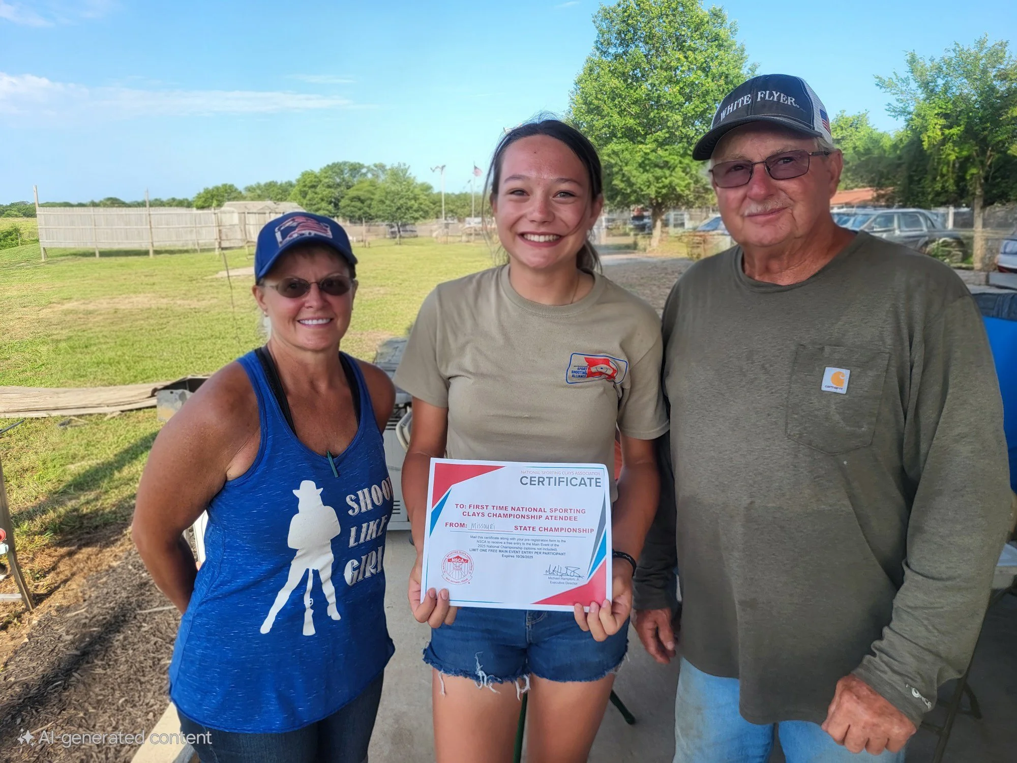 A young woman holding a certificate, standing between an older woman wearing sunglasses and a blue hat, and an older man wearing glasses, a cap, and a green long-sleeve shirt, outdoors on a sunny day with trees and parked cars in the background.