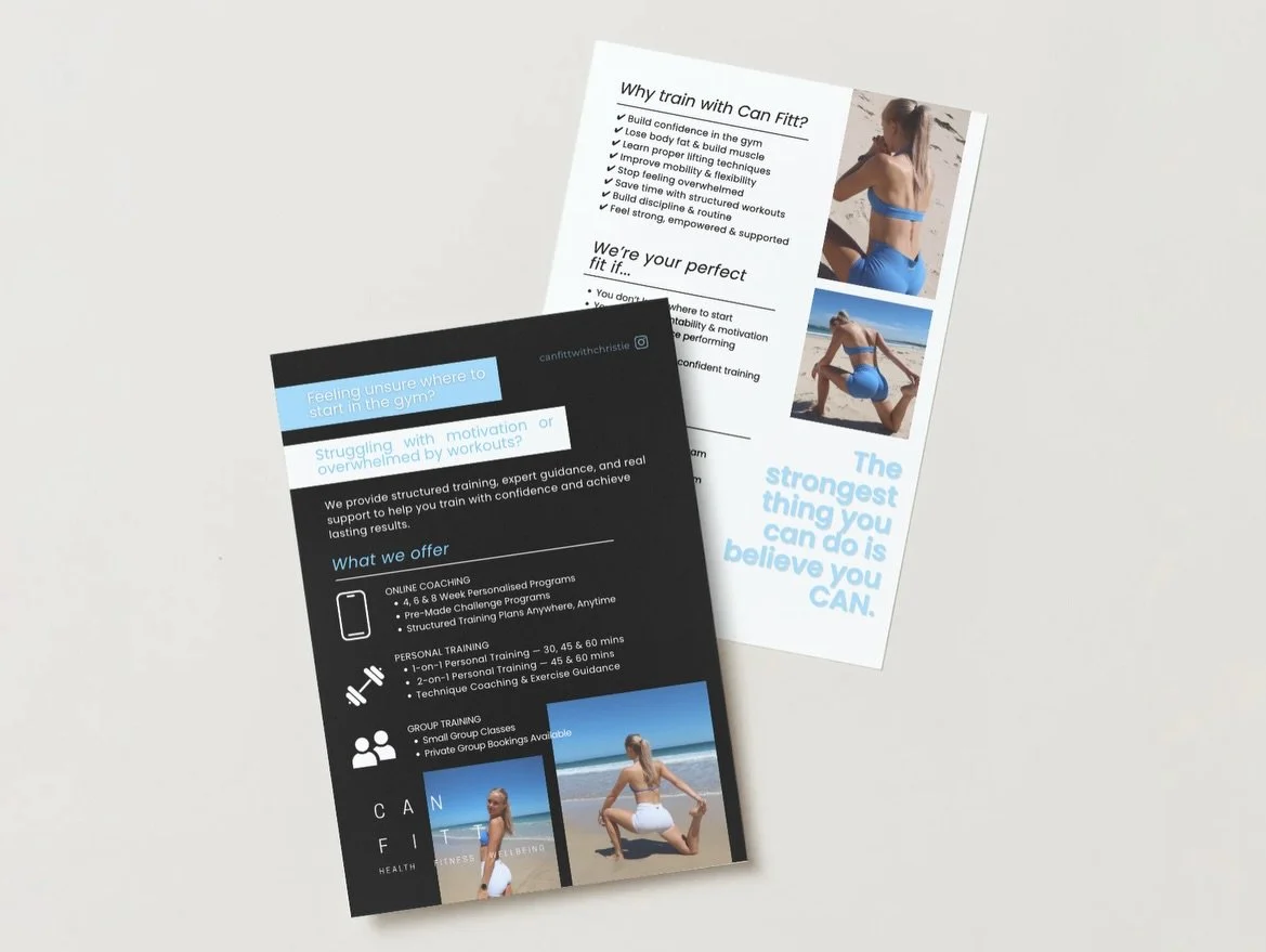 Flyers designed and ready to go for @canfittwithchristie. Obsessed with how these turned out🩵

Want print that actually reflects your brand?
Send me a DM and let&rsquo;s chat.