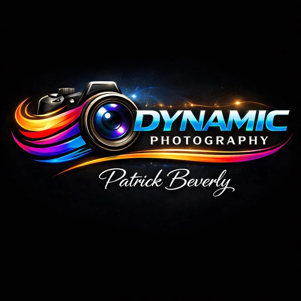 Logo for Dynamic Photography featuring a colorful camera with light streaks and the name Patrick Beverly.