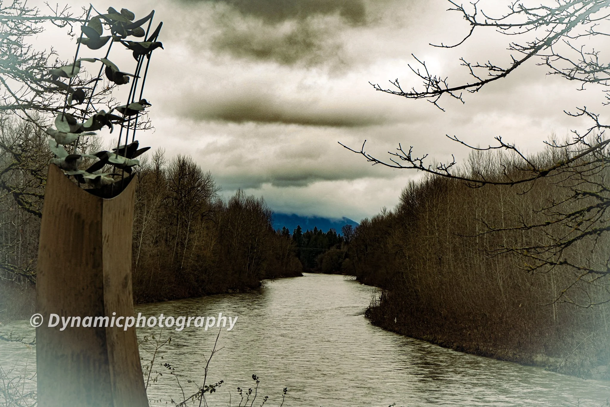A river flowing through a wooded landscape with mostly leafless trees under a cloudy sky. A bird sculpture is mounted on a wooden post in the foreground.