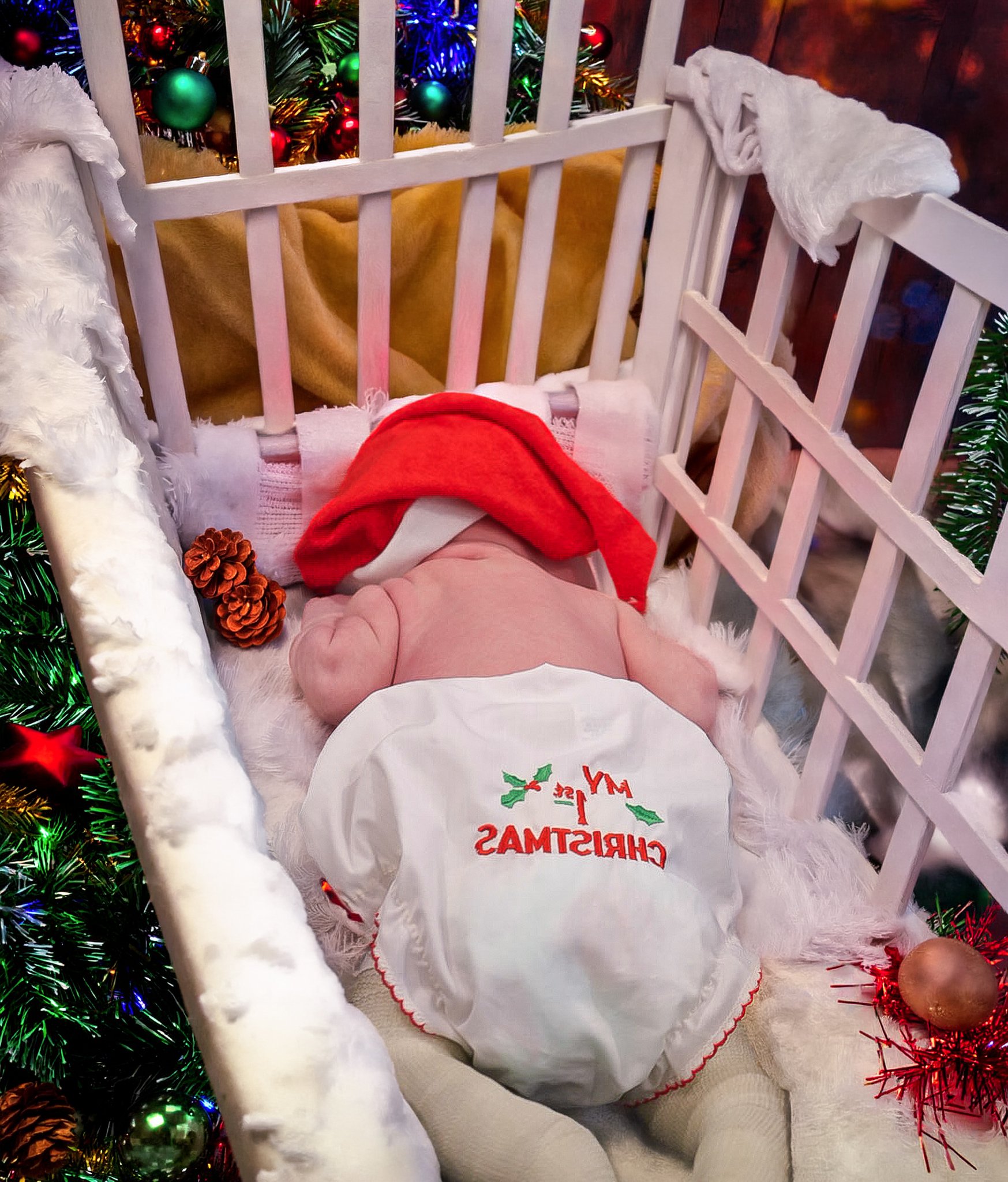 Warm, cozy Christmas family portrait featuring a smiling family in matching pajamas gathered around a decorated tree and fireplace. This holiday photo captures authentic joy, connection, and festive traditions perfect for seasonal cards and keepsakes