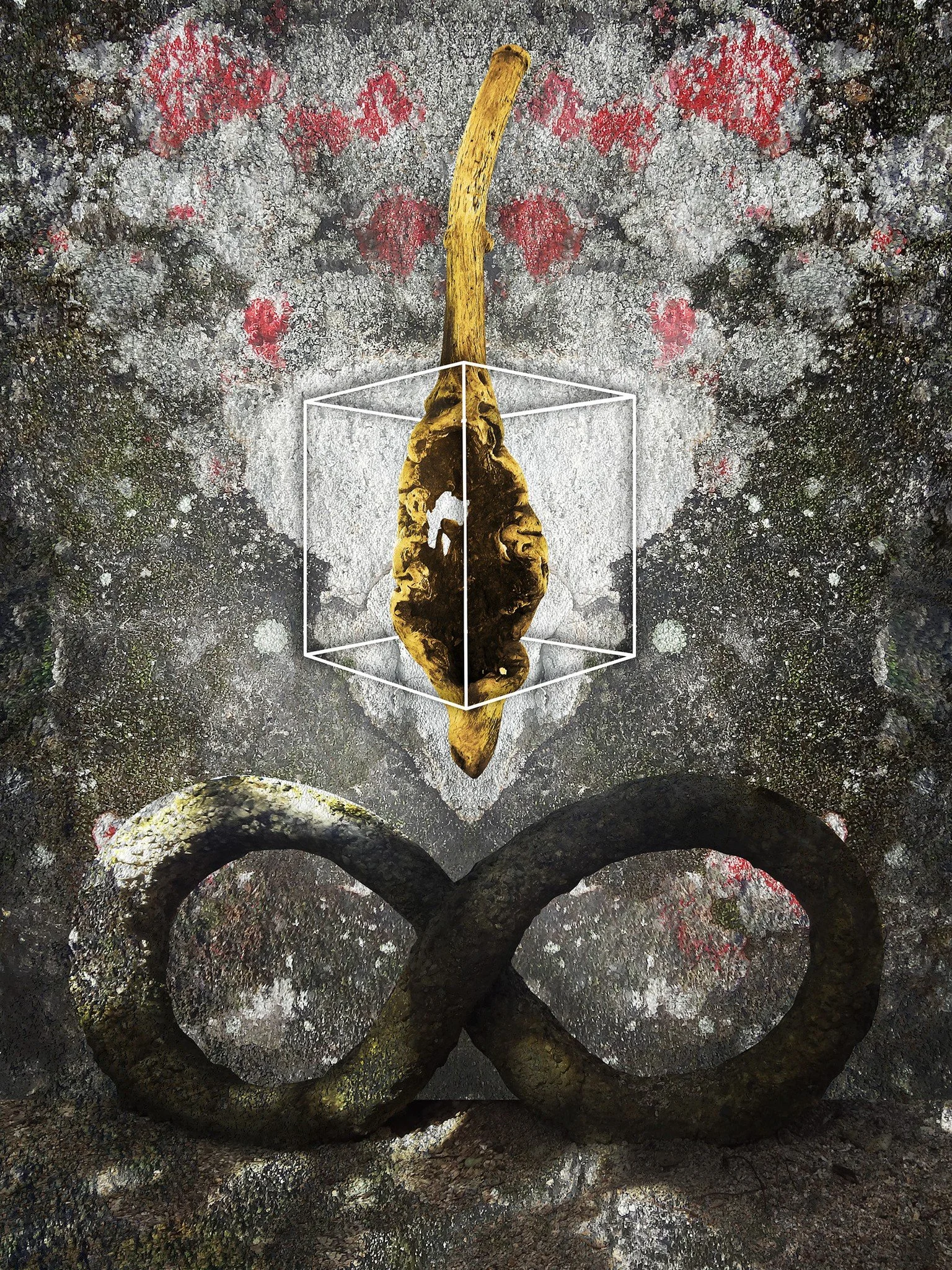 A rock formation resembling an infinity symbol in front of a textured stone wall. A yellowish, irregularly shaped object, possibly a piece of driftwood or coral, hangs above with a geometric outline of a cube around it, creating a surreal composition