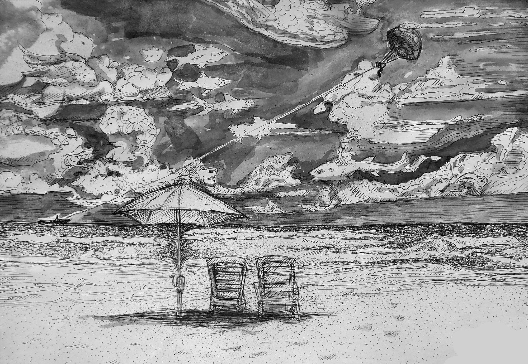 A sketch of a beach scene with two lounge chairs and an umbrella in the foreground, and a detailed sky with clouds, birds, and fish flying and swimming in the background. William Sanchez