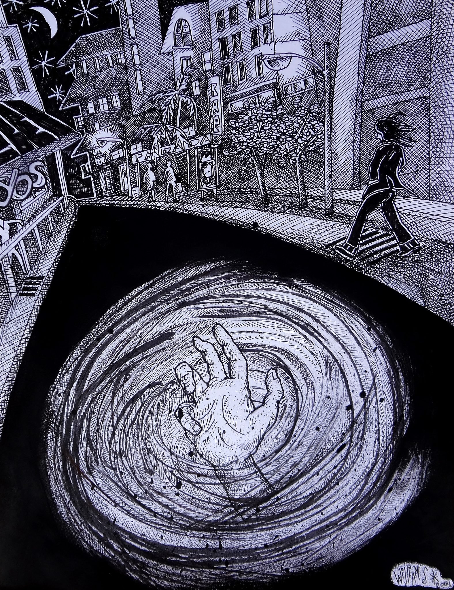 Black and white illustration of a city street scene with tall buildings, trees, pedestrians, and a woman walking on the sidewalk. A swirling vortex with a hand reaching out is depicted at the bottom. William Sanchez