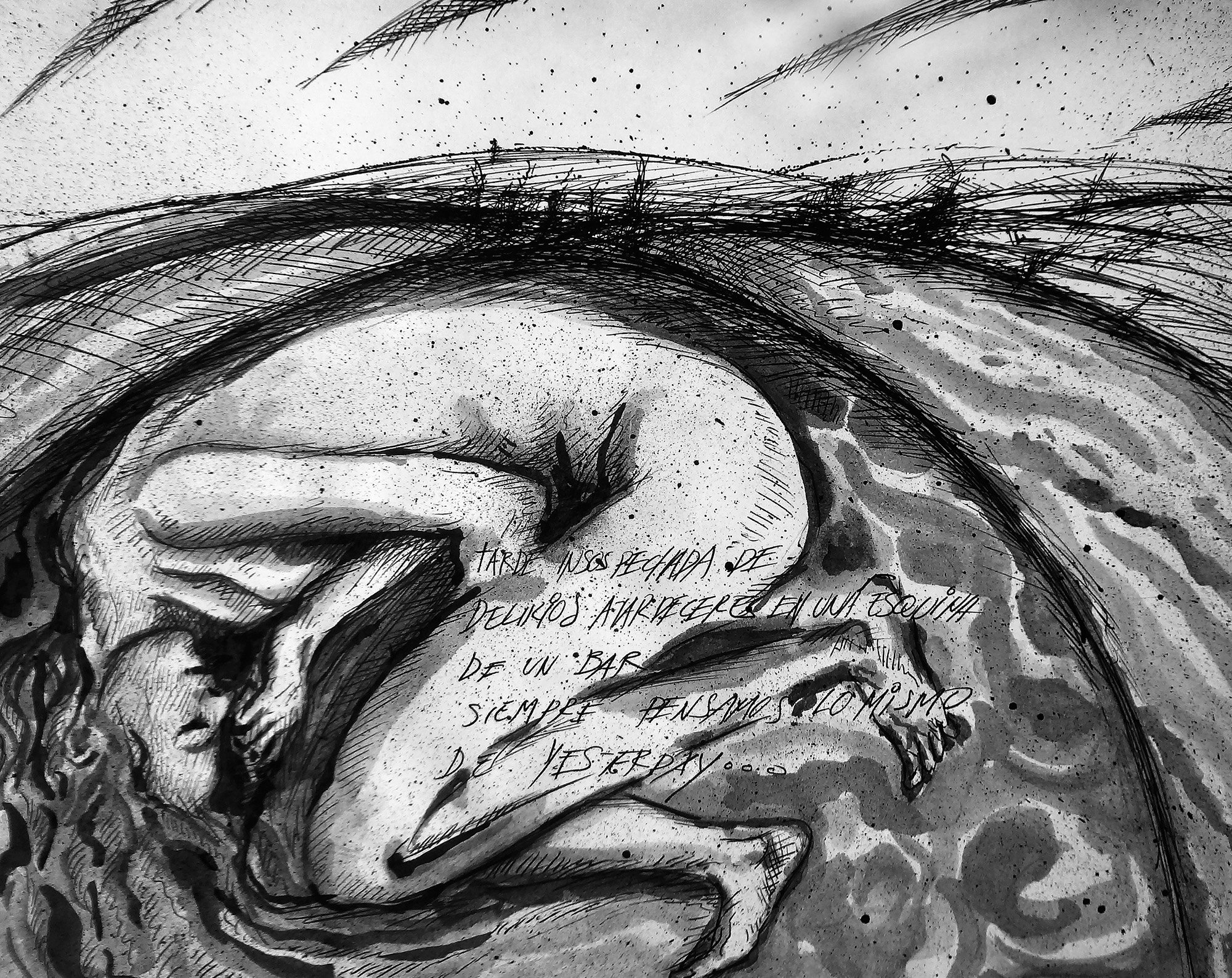 A black and white illustration of a person curled up inside a circular shape, with handwritten text overlaying the image. The person appears to be in a fetal position, with their head resting on their knees. William Sanchez