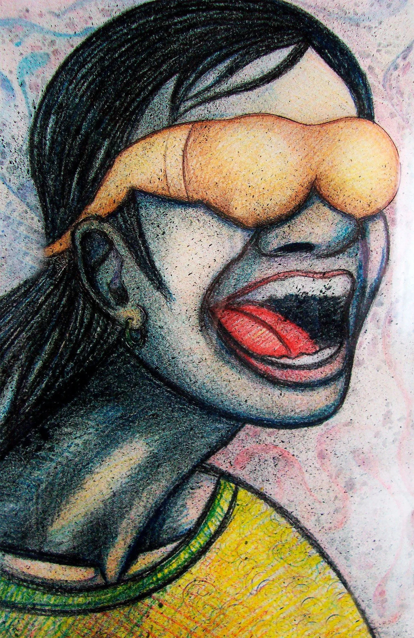 A colorful drawing of a woman with long black hair, wearing sunglasses and a yellow shirt, with her mouth open showing her tongue. William Sanchez