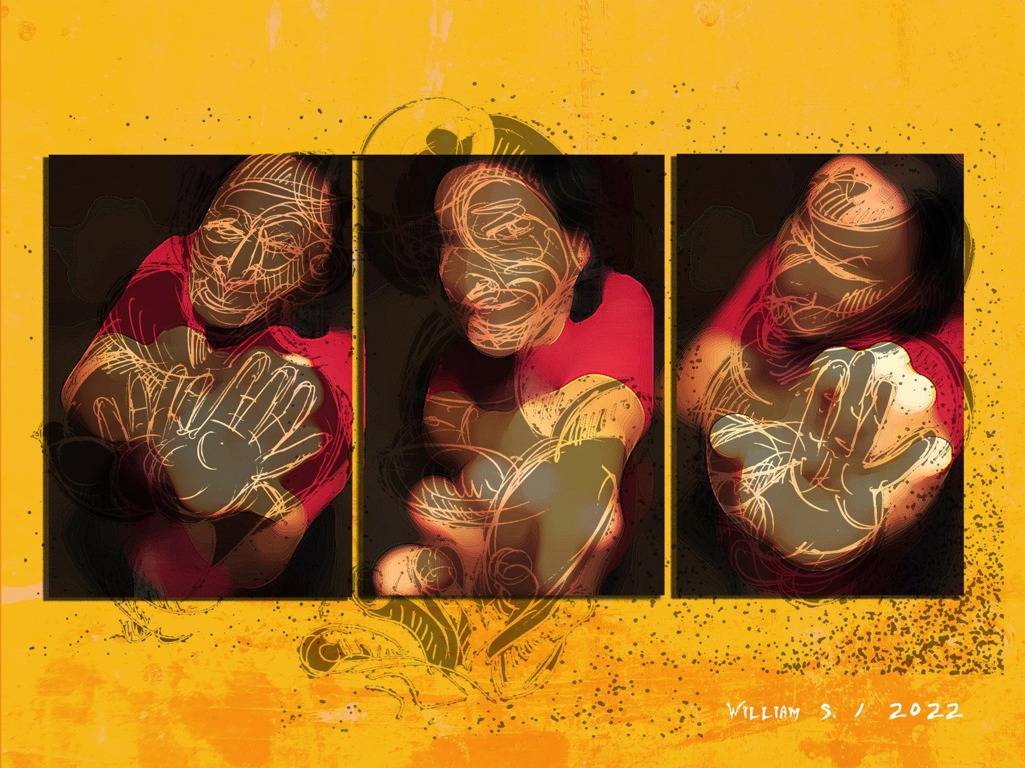 Three women making a peace sign with their hands, with abstract line art and vibrant colors, against a yellow background. William Sanchez