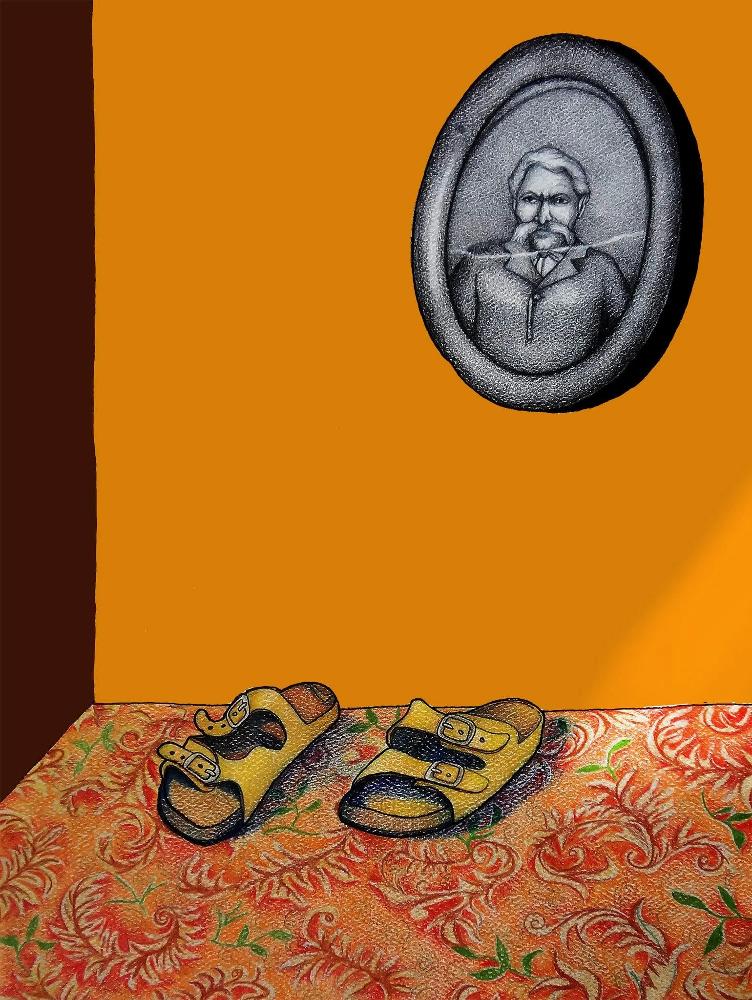 A pair of yellow and black sandals on a colorful orange floral patterned fabric floor, with a framed black and white portrait of a man hanging on a plain orange wall above. William Sanchez