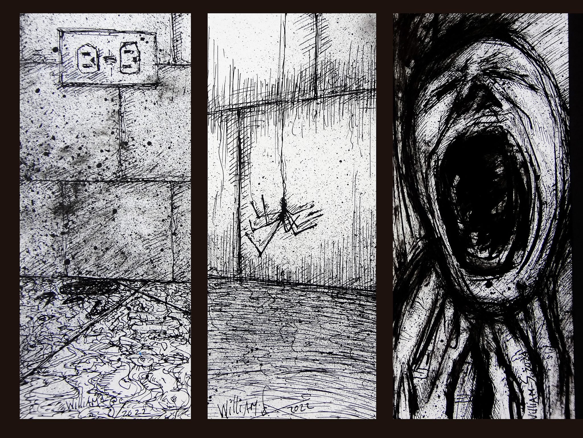 Three black and white abstract sketches. The first depicts a power outlet with electrical wires and a textured floor. The second shows a hanging chair in an empty room with textured walls and floor. The third is a swirling, circular abstract design w