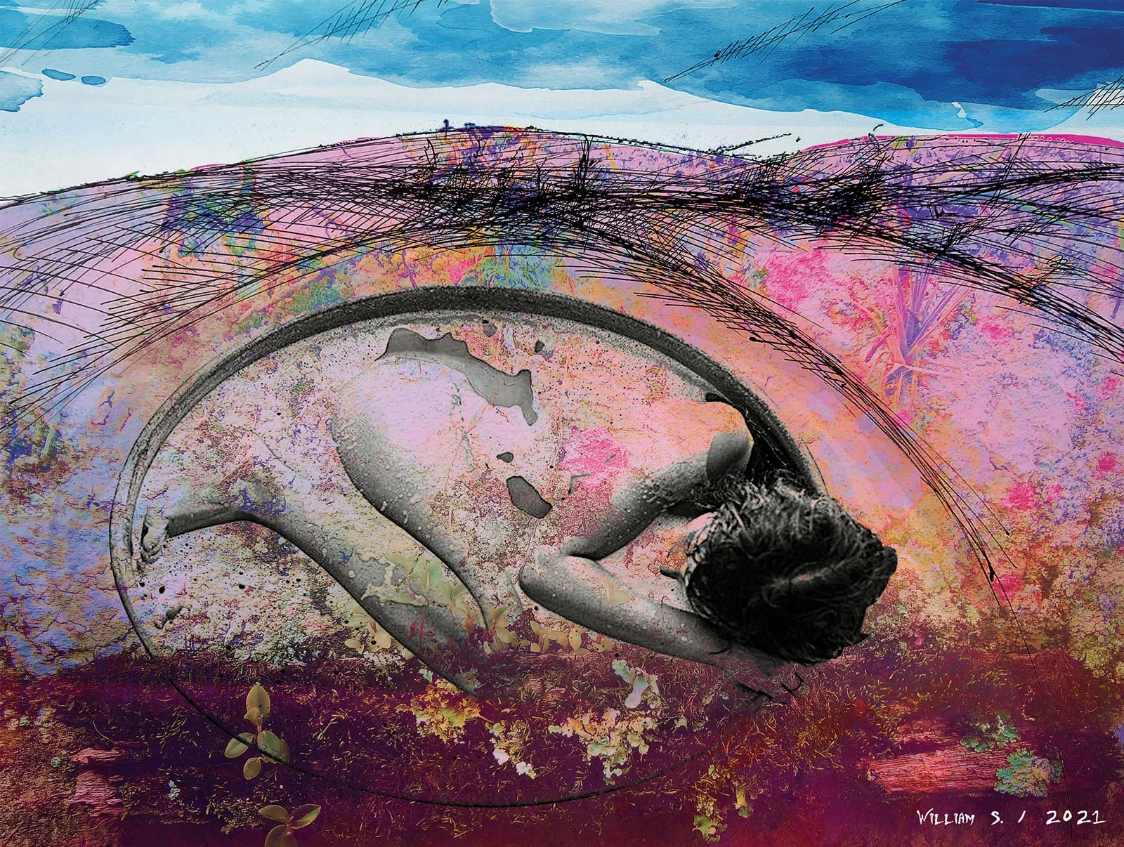 A digital artwork combining a human figure in a yoga pose with vibrant, abstract watercolor background and sketchy lines. The figure is outlined with black and grey tones, placed over colorful, textured landscape elements. The sky is blue with streak