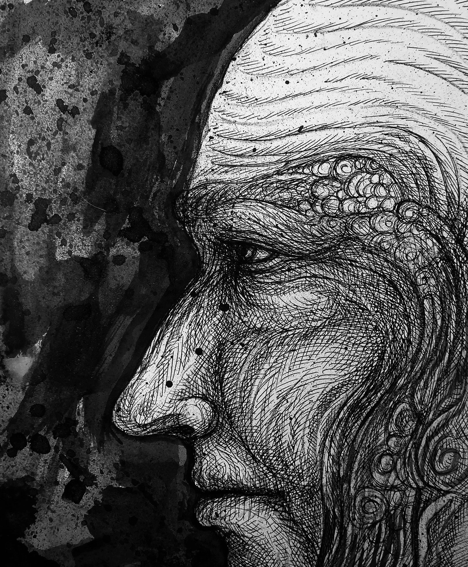 Black and white abstract drawing of a human face in profile, created with intricate line work and shading. William Sanchez