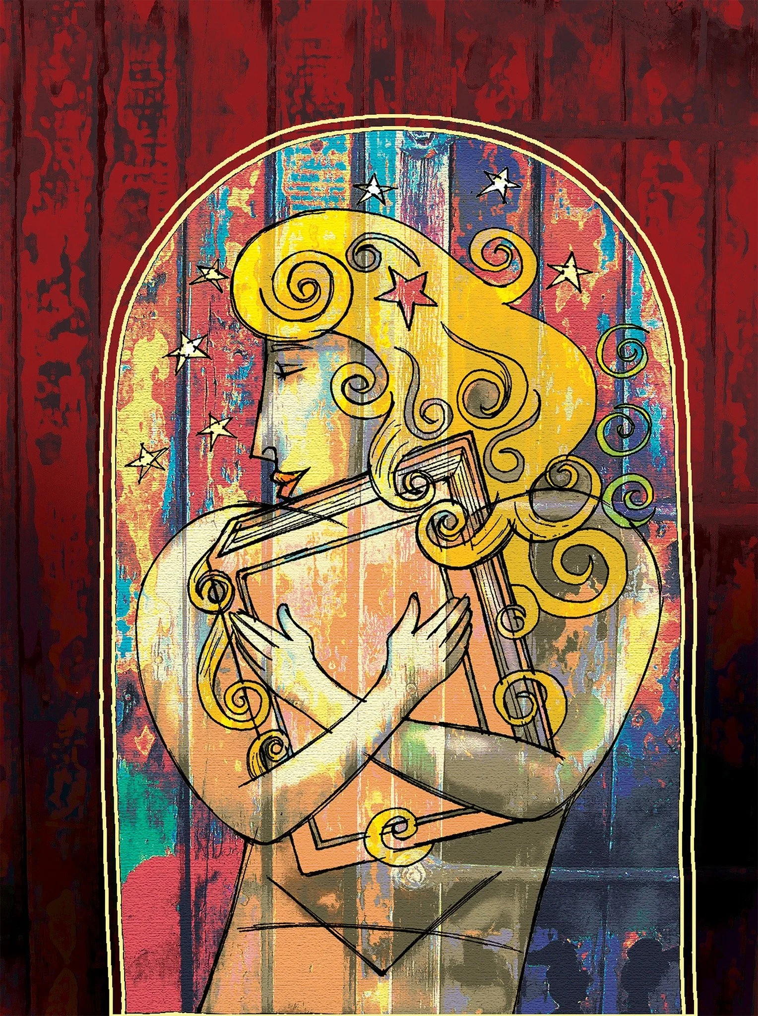 An artistic illustration of a woman with yellow, curly hair playing a flute, with stars around her. The background features colorful, textured vertical wooden panels. William Sanchez