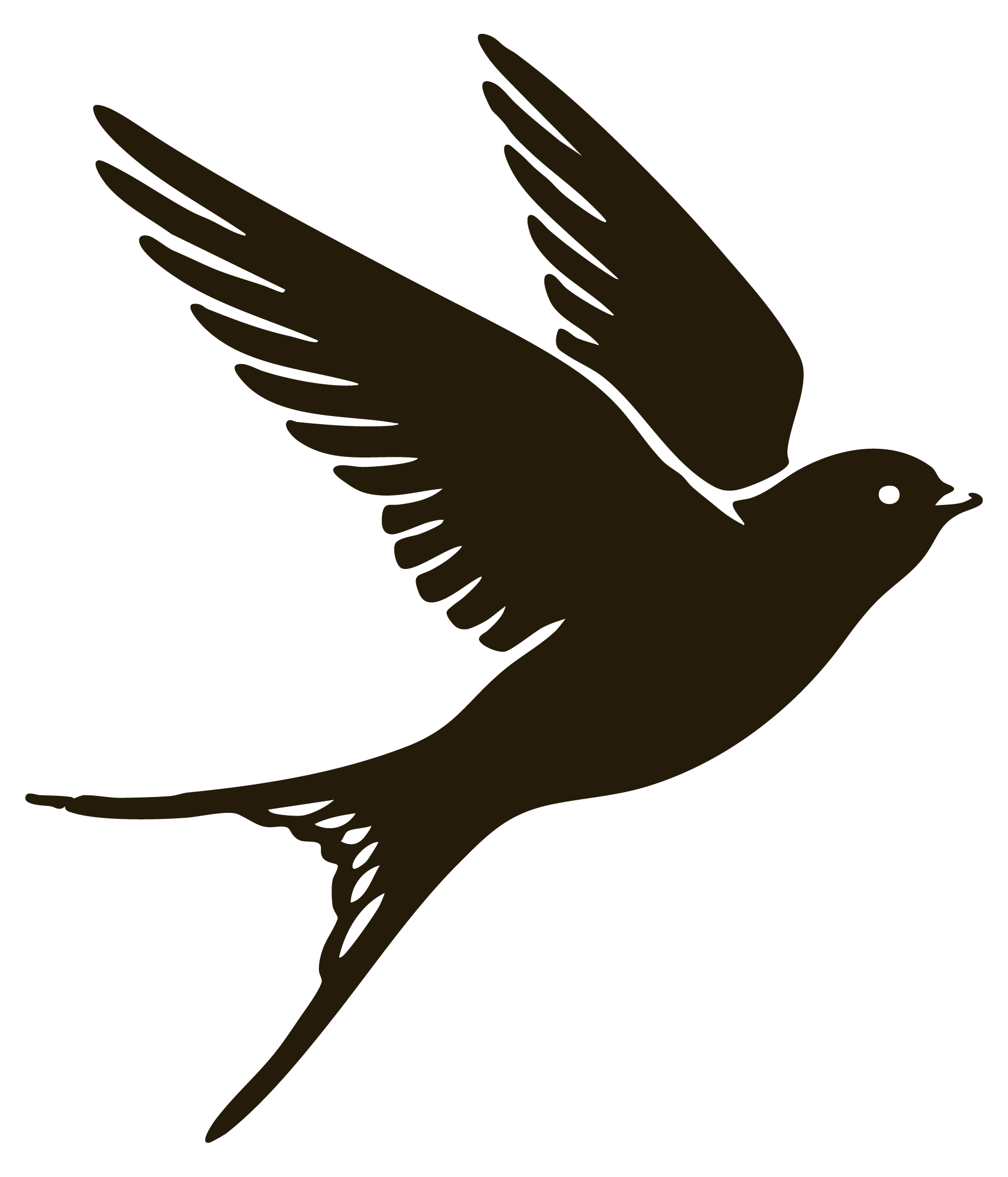Silhouette of a flying bird with outstretched wings.