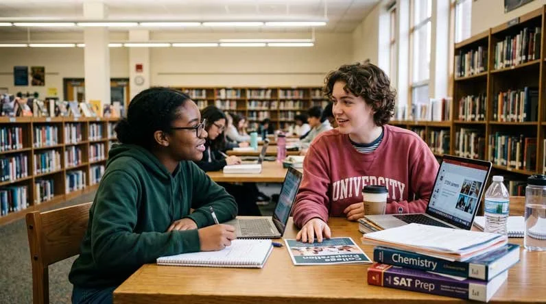 Two students studying together at a table in a library, smiling and talking, with books and laptops in front of them.