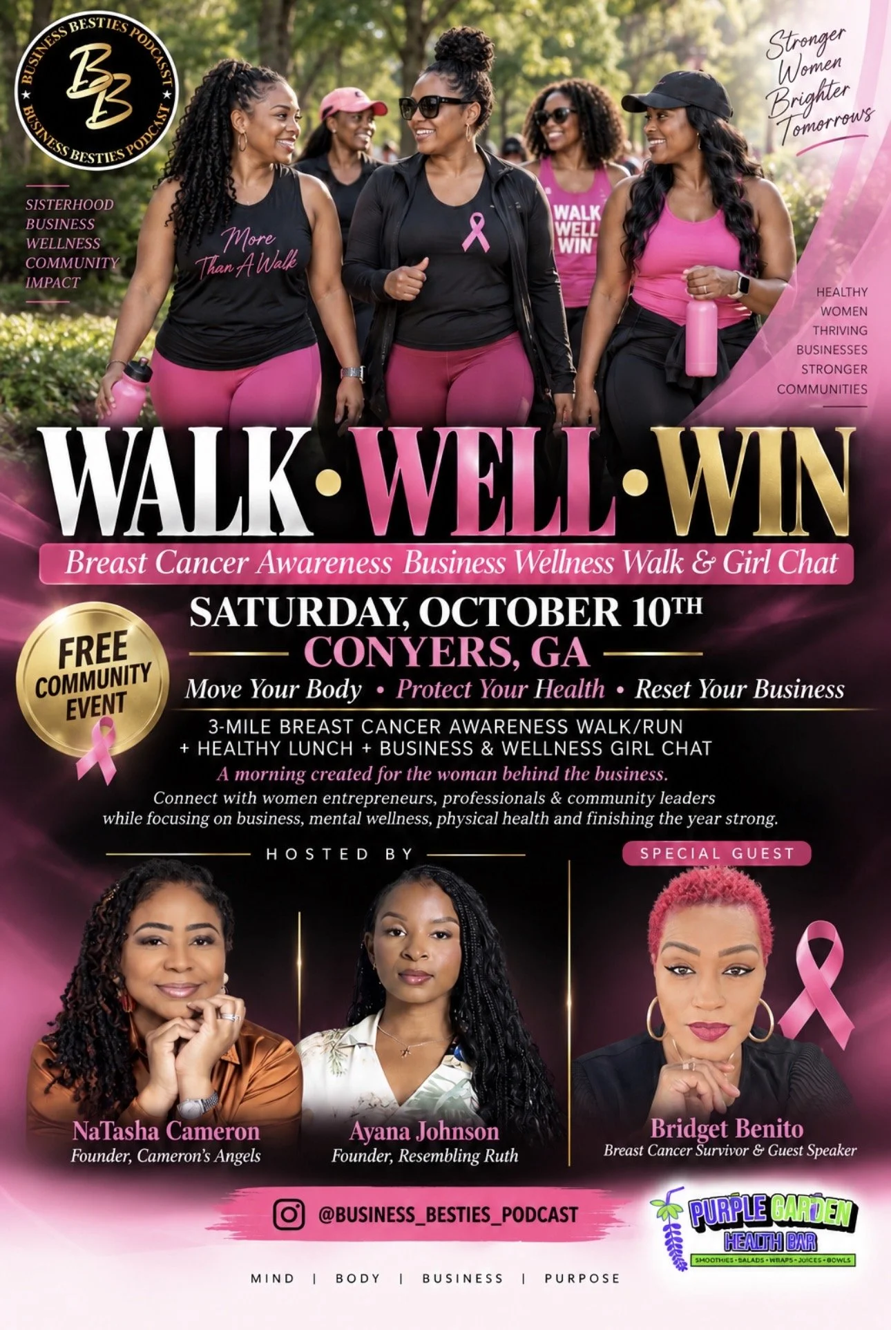 Promotional poster for a breast cancer awareness event featuring women walking and conversing outdoors, with text promoting health, wellness, and business networking on Saturday, October 10th in Conyers, Georgia, hosted by Business Besties Podcast with guest speaker Bridget Benito, and images of three women including NaTasha Cameron, Ayana Johnson, and Bridget Benito.