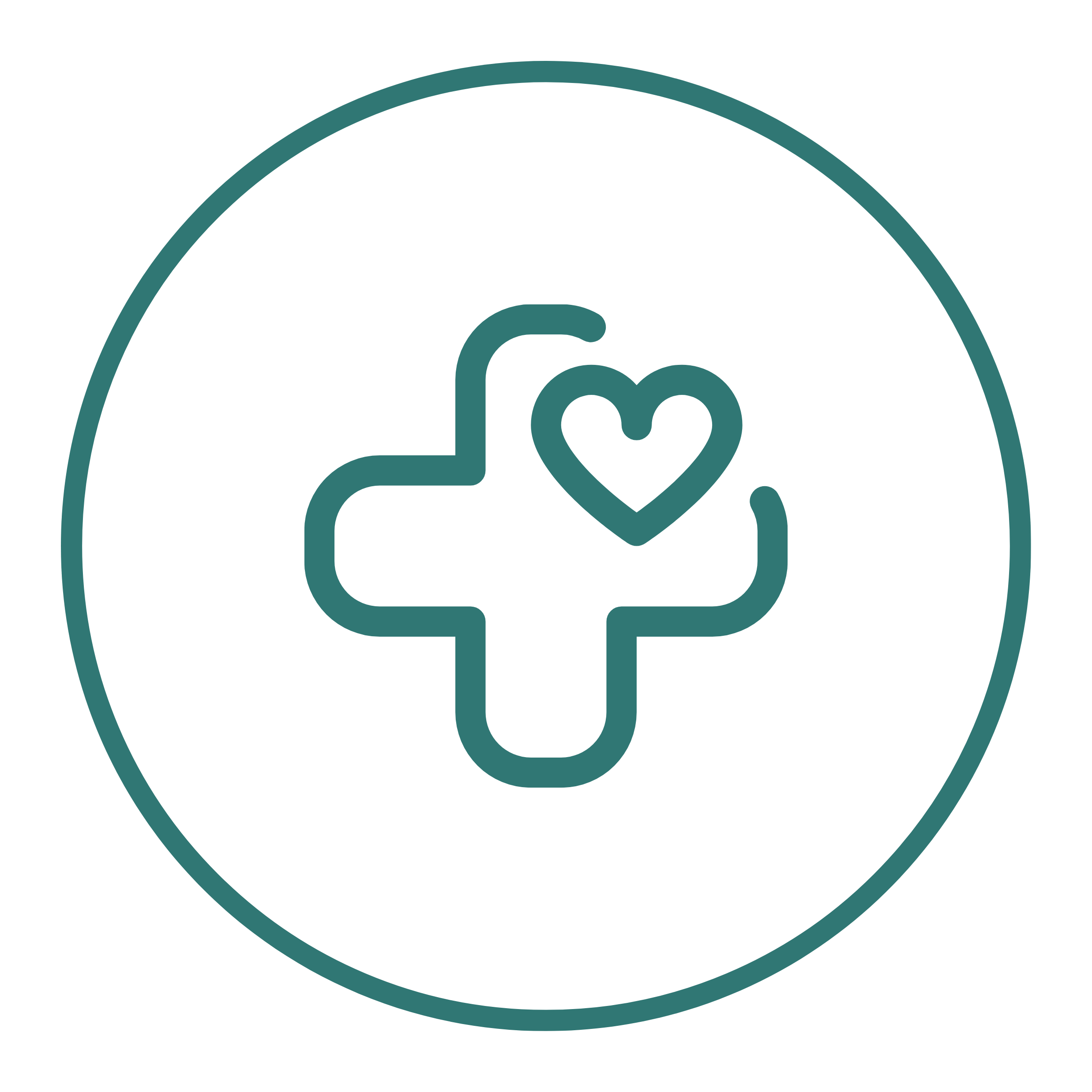 Medical cross symbol with a heart inside, inside a circle.