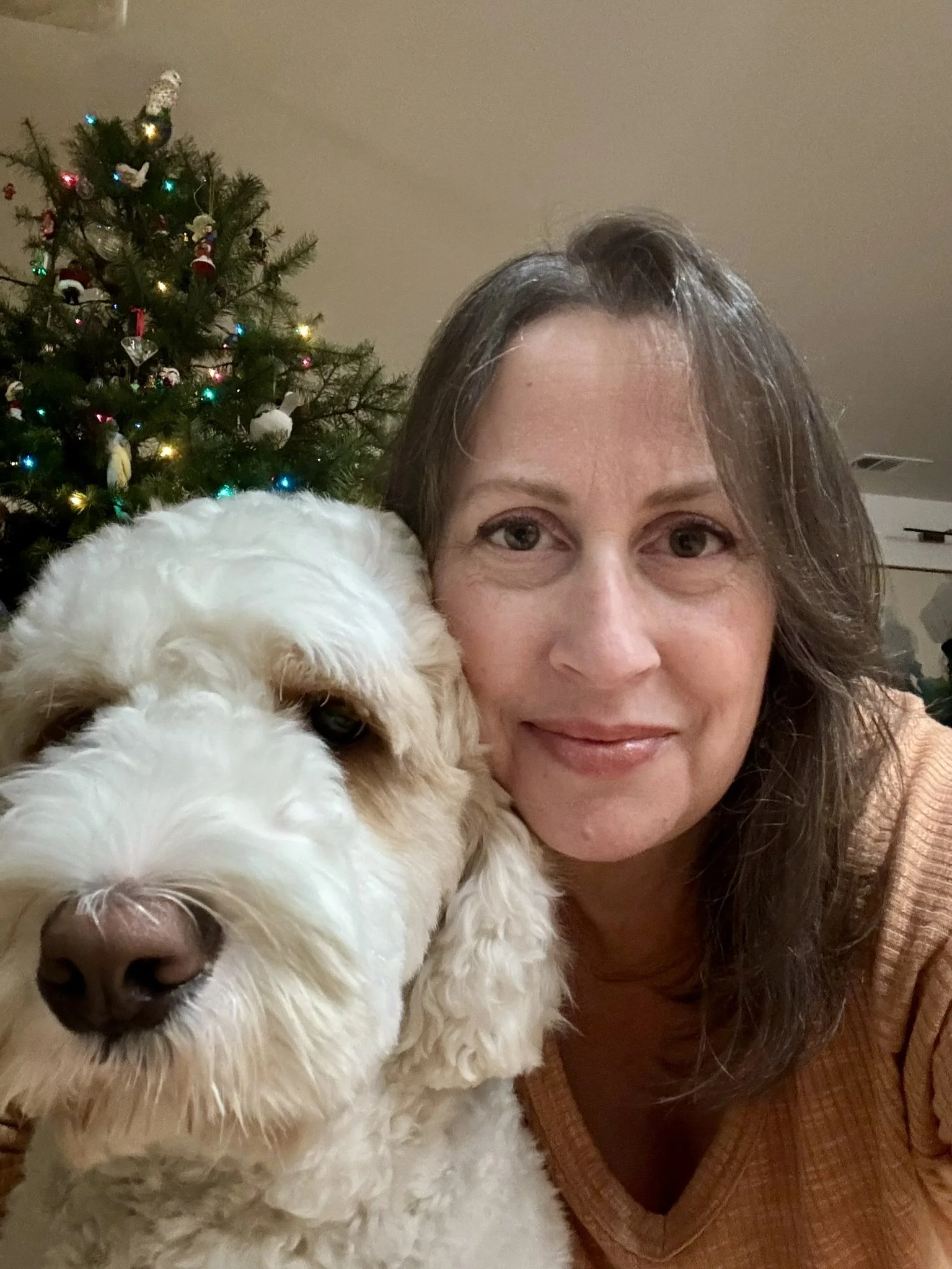 Carrie, owner of Carrie’s Mobile Grooming, with a happy dog inside her fully equipped mobile grooming salon in Los Gatos, California.