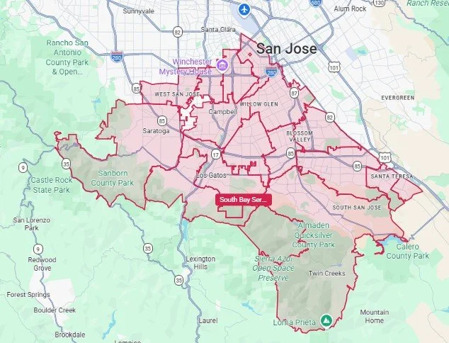 Map of San Jose, California with city boundaries and surrounding parks highlighted.