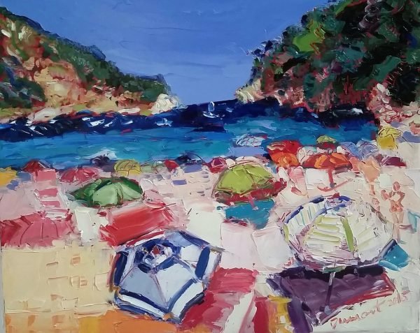 "Umbrella Party San Sebastian Beach" 11" x 14" sculptured maple