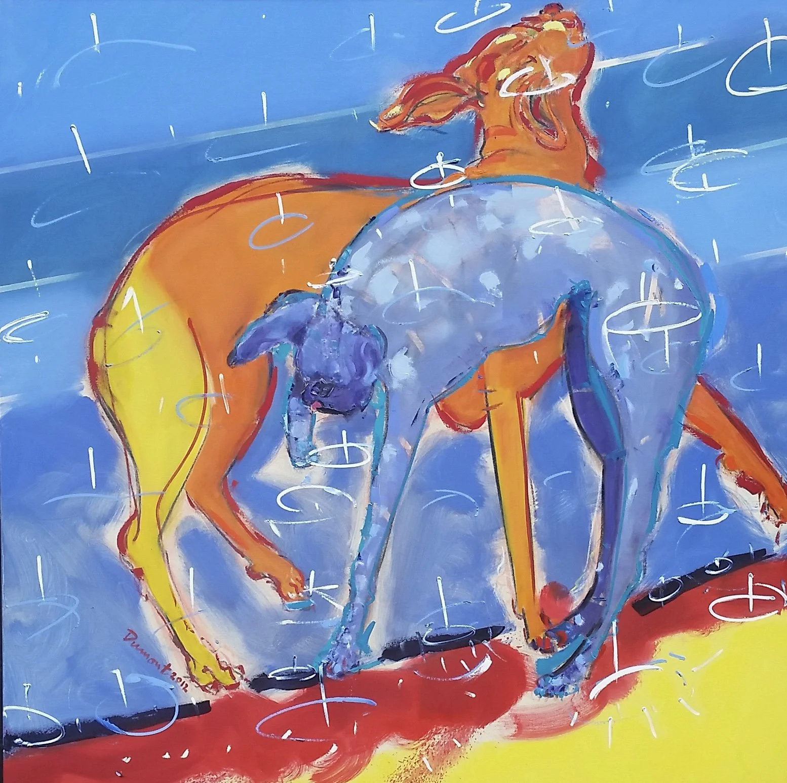 "Jumping Between Raindrops," 60" x 6" oil on canvas