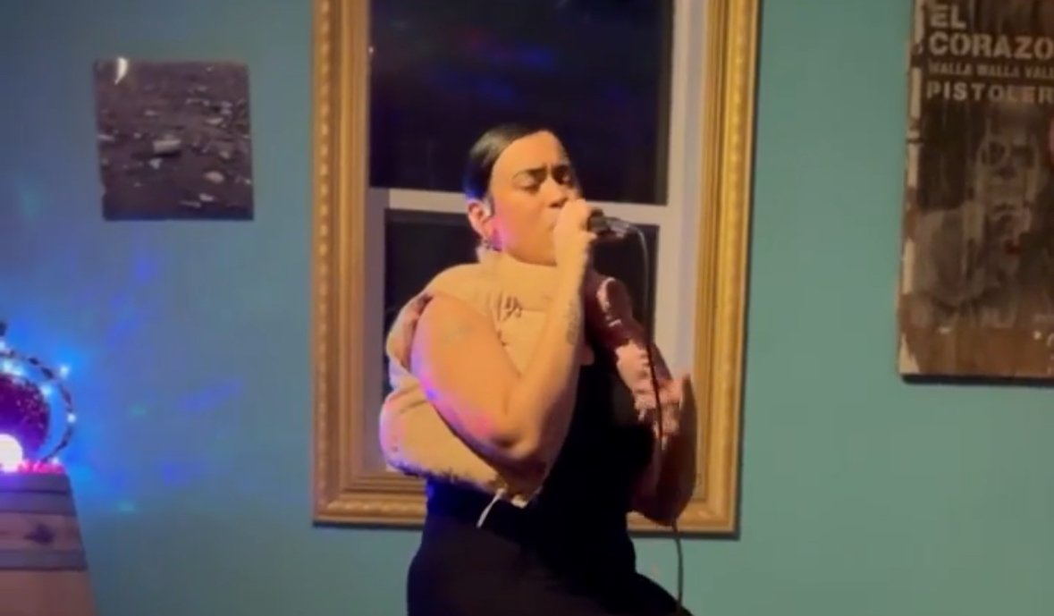 HNY singing into a microphone in a room with teal walls, a large gold mirror, and artwork including a framed picture of a rocky landscape and a poster about the movie 'Pistolero'.