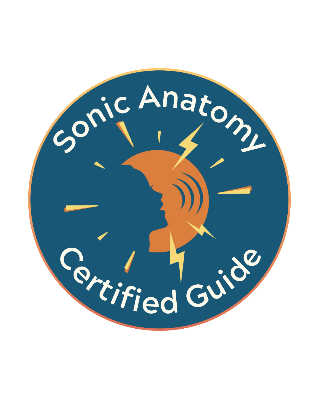 Sonic Anatomy Certified Guide badge with a silhouette of a person's head, sound waves, and lightning bolts.