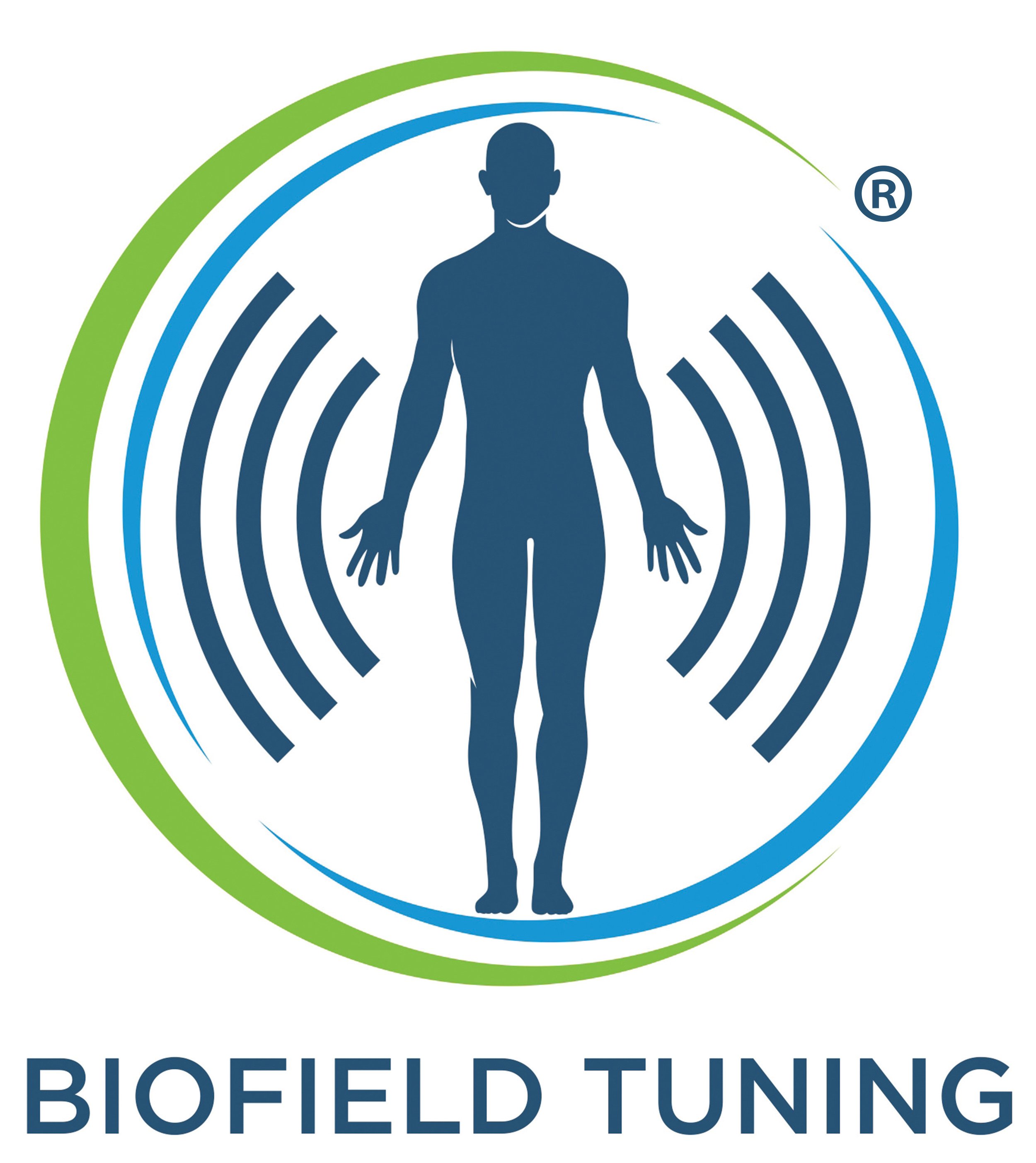 Logo with a human silhouette surrounded by green and blue circles and lines, and the words 'BIOFIELD TUNING' underneath.