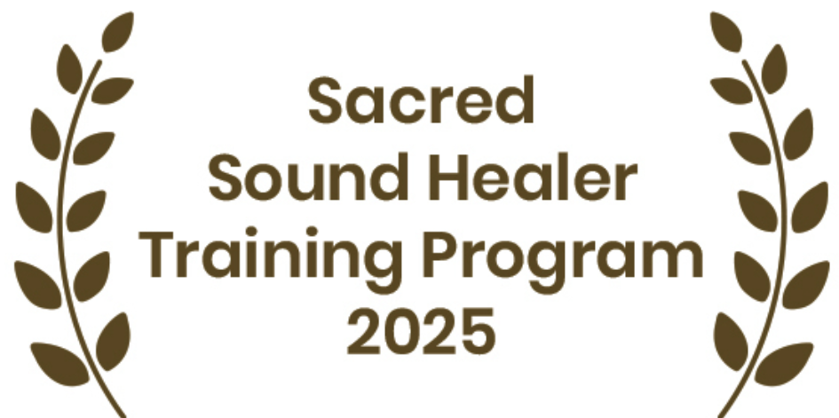 Text on a white background reads 'Sacred Sound Healer Training Program 2025' with decorative brown laurel branches on either side.
