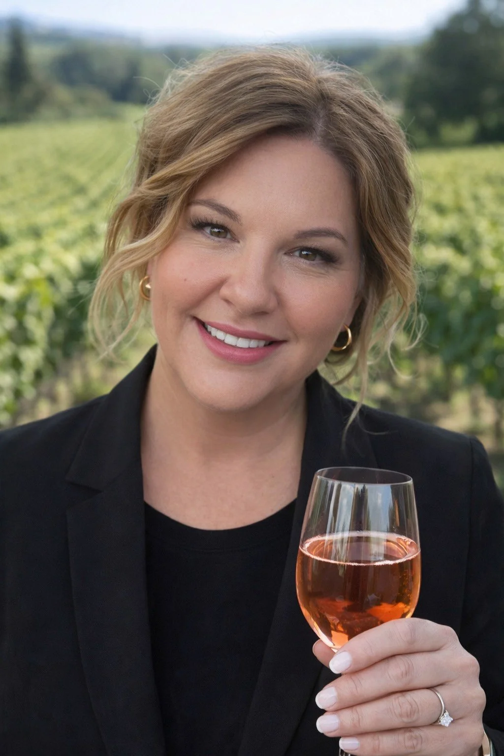 Angela travel advisor holding wine glass in vineyard