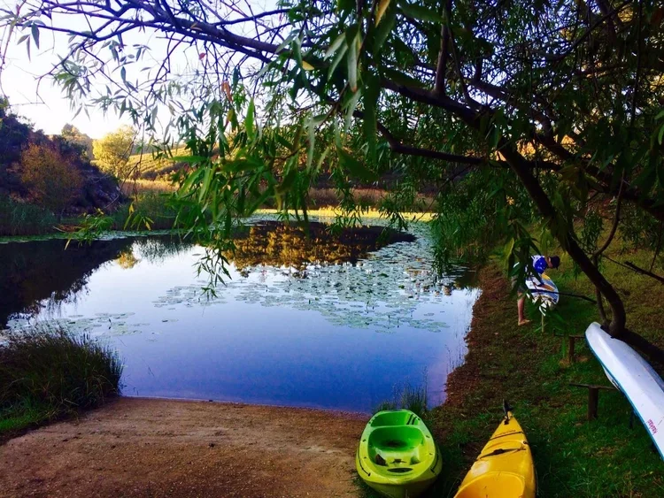 Calm river with two boats, one green and one yellow, resting on the shore under a tree with overhanging branches, and a person preparing to launch a kayak. Oneiric, South Africa.