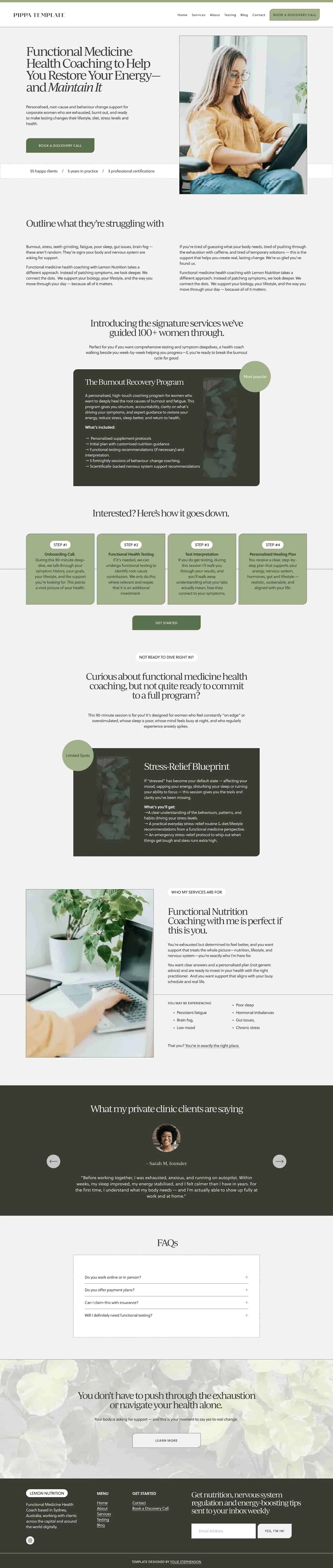 Squarespace website design for a health coach and clinical nutritionist with images, plants, services, testimonials, FAQs, and contact options.