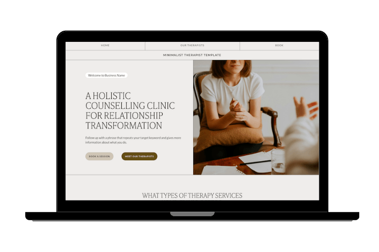 Laptop screen featuring the above the fold section of a Squarespace Website Template for Therapists and Group Practices