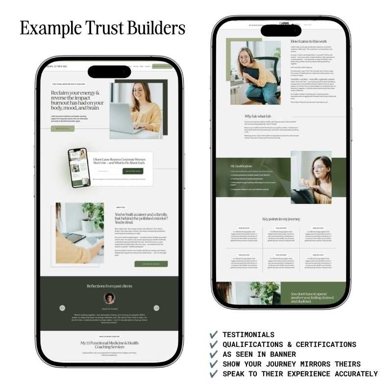 Two smartphones show a health and wellness web design featuring photos, testimonials, and trust-building tips in bullet points below.
