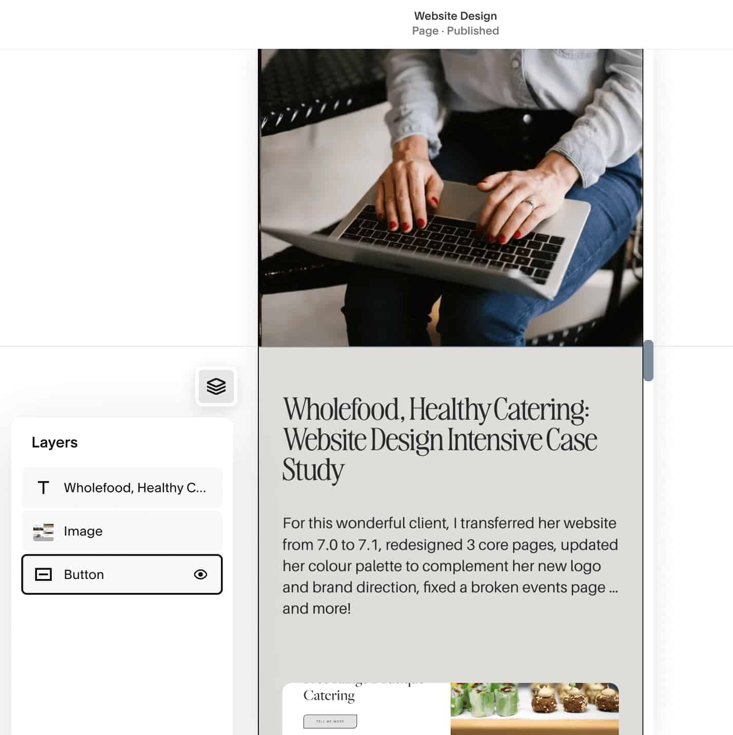 A person typing on a laptop, with a Squarespace Website Template for health professionals displayed on the screen. To the left are the layers of this Squarespace Website, which can be turned on or off in the mobile view