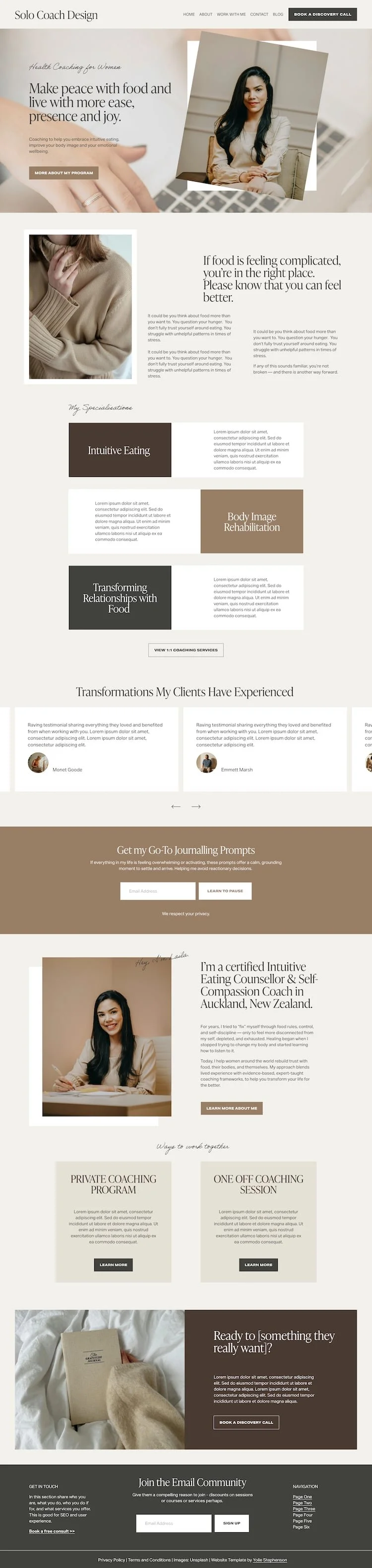 A Health Coach Squarespace Website Template with a calm design, food journaling prompts, and inspiring client testimonials.