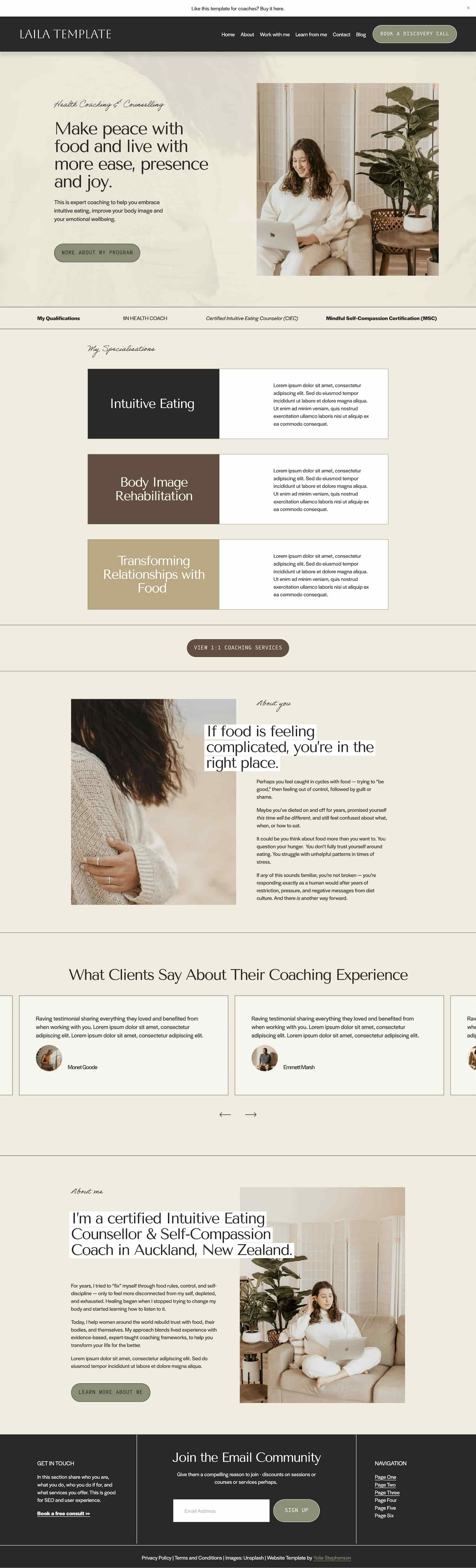 Homepage for a health coach website design, colours are beige, gold, black, and sage green