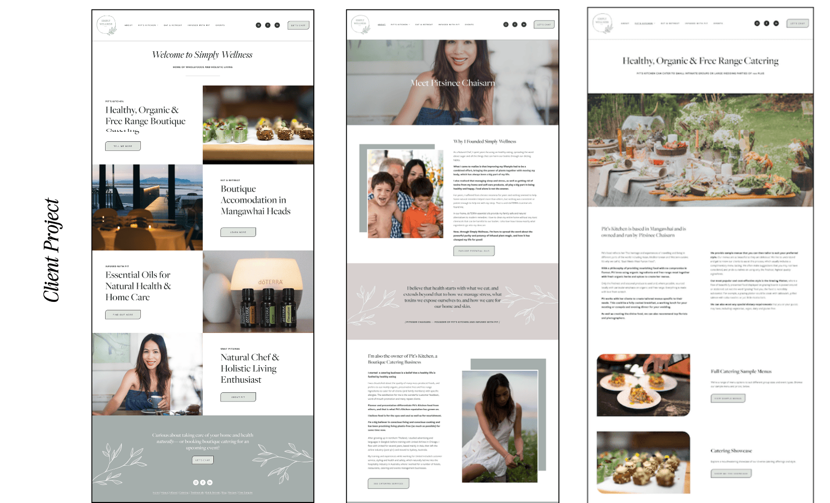 Three modern pages by a website copywriter and designer Auckland NZ, showcasing wellness, boutique stays, and organic catering.