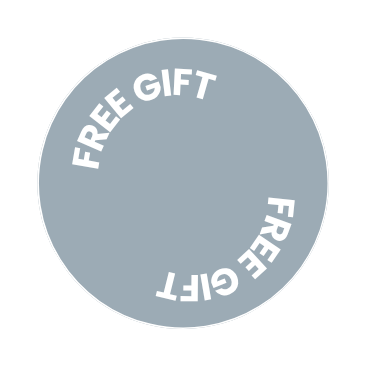 Blue circle with white border and white font saying free gift