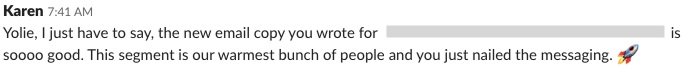 Email copywriting feedback via Slack from a colleague