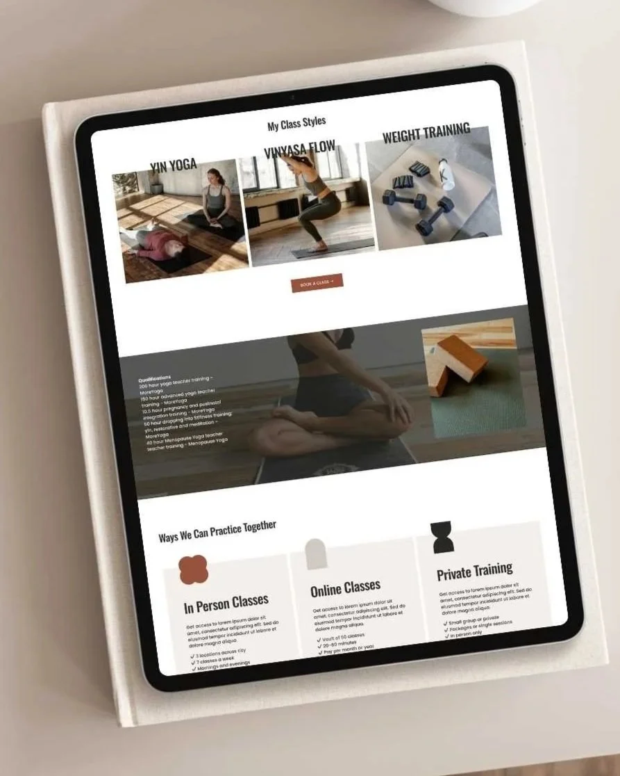 A Fitness Professional Website Template featuring images of women practising yoga, class styles, ways to train with her and trainings
